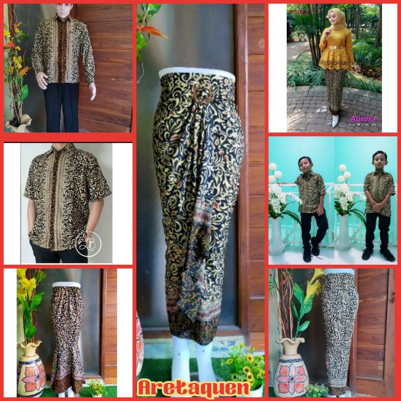 Couple Keluarga batik Cacing gold/kamboja kemeja batik rok plisket rok lilit kemeja pria panjang