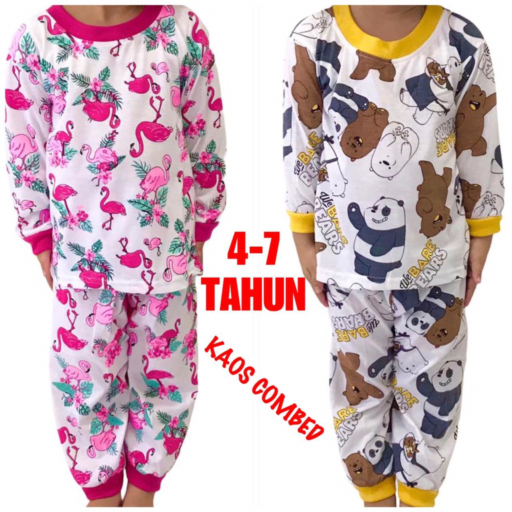 3S YEYA - BAJU TIDUR ANAK KIDS PEREMPUAN/CEWEK SETELAN BAHAN KAOS KATUN PP PUTIH 4-7 TAHUN