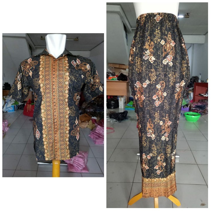 SB Collection Couple Rok Plisket Kamia Maxi Panjang Jumbo Dan Kemeja Batik Pria