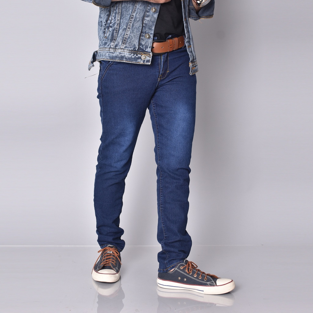 celana Jeans pensil pria  slim original distro terbaru navy wosh blue streach melar