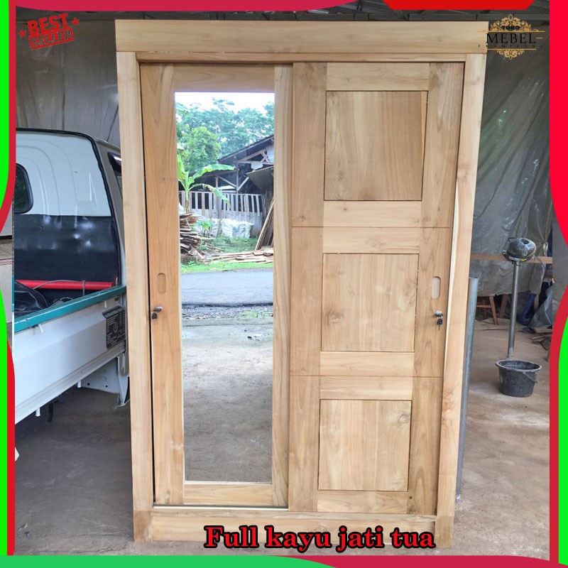 Lemari Pakaian Sliding 2 Pintu Kayu Jati Mentahan mebel jepara