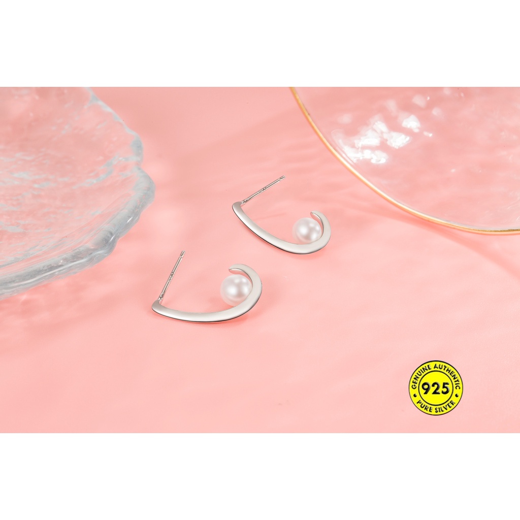 Anting Tusuk Sterling Silver 925 Desain Huruf J Hias Mutiara Kecil Untuk Wanita