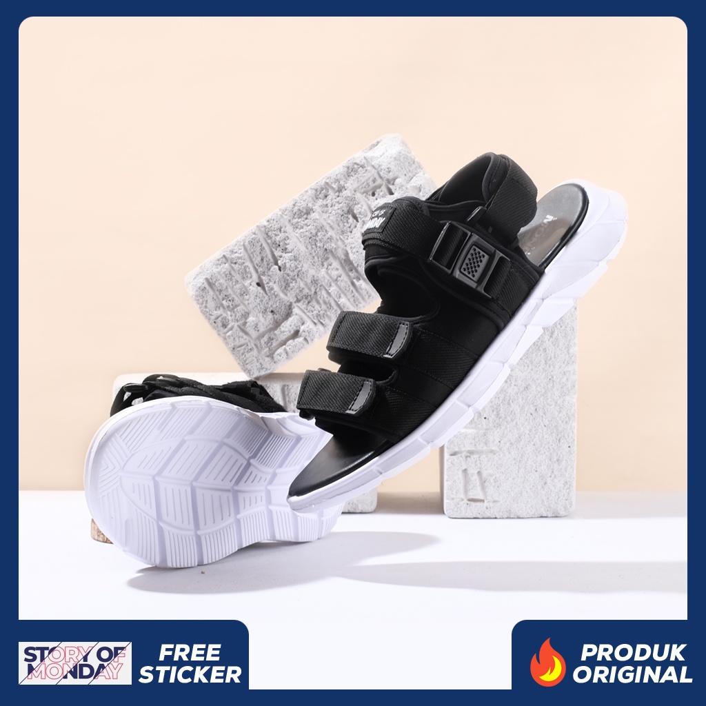 BIMA BLACK V2 ORIGINAL x MONDAY Sandal Casual Hitam Putih Pria Sendal Gunung Kasual Jalan Santai Harian Main Hangout Lebaran Fashion Distro Remaja Traveling Outdoor Premium Travelling Men Footwear Tali 3 Strap Big Size Jumbo Ukuran Besar 44 Keren Terbaru