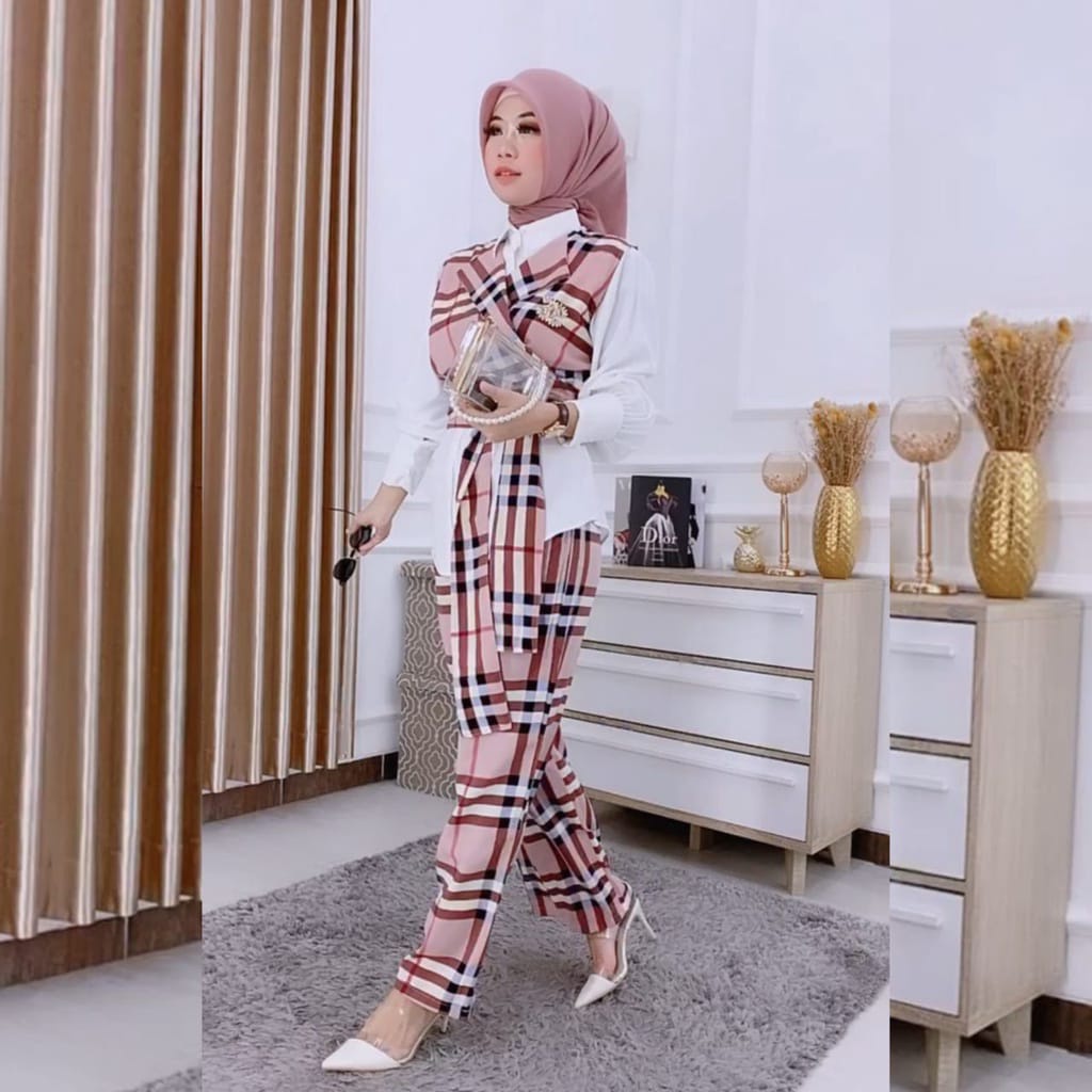 One Set AUDI Setelan Wanita Premium // Stelan Wanita Motif Kotak-Kotak Plus Outer // Baju Wanita Set