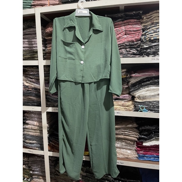 ONE SET CROP TOP BLEZER || KEMEJA CROP CRINGKLE || SET WANITA-SEA GREEN