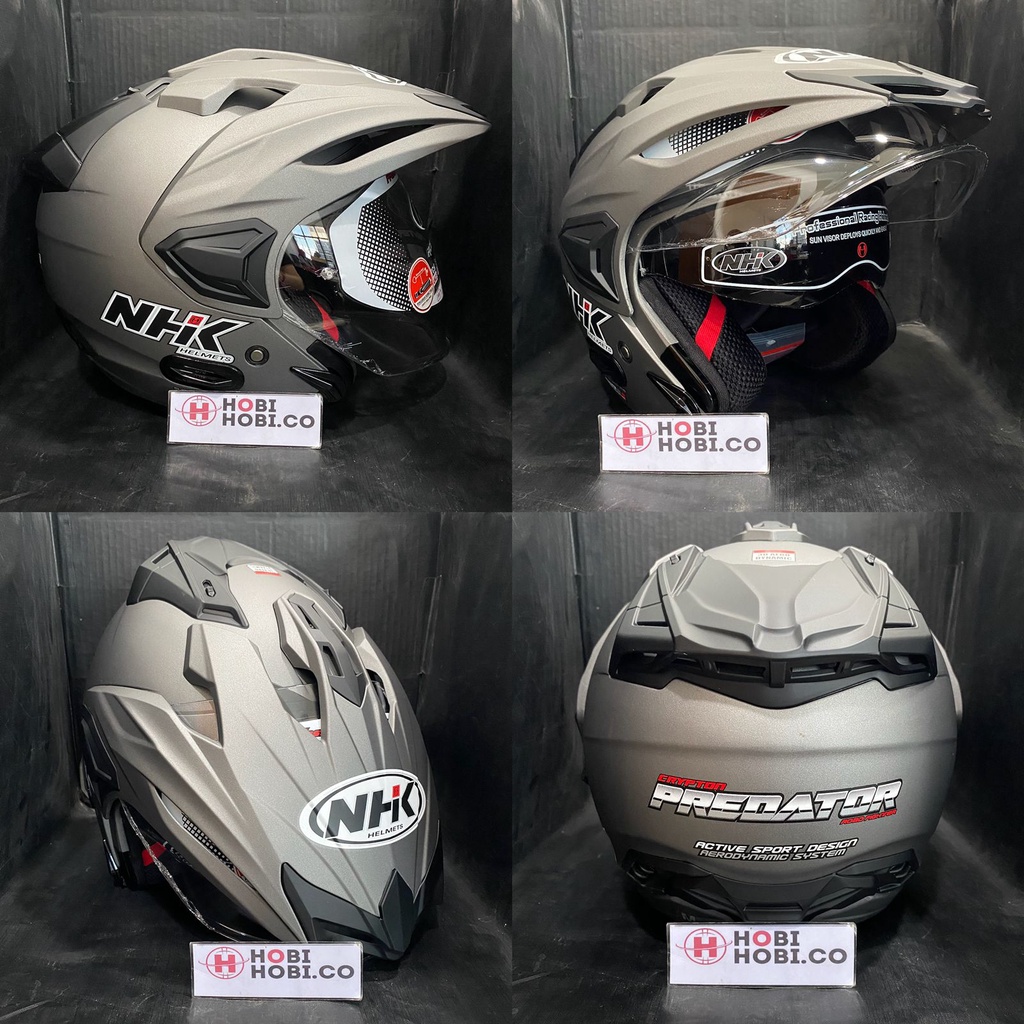 HELM NHK PREDATOR CRYPTON SOLID POLOS GREY DOFF DOUBLE VISOR HALF FACE HELM NHK PREDATOR CRYPTON ORI