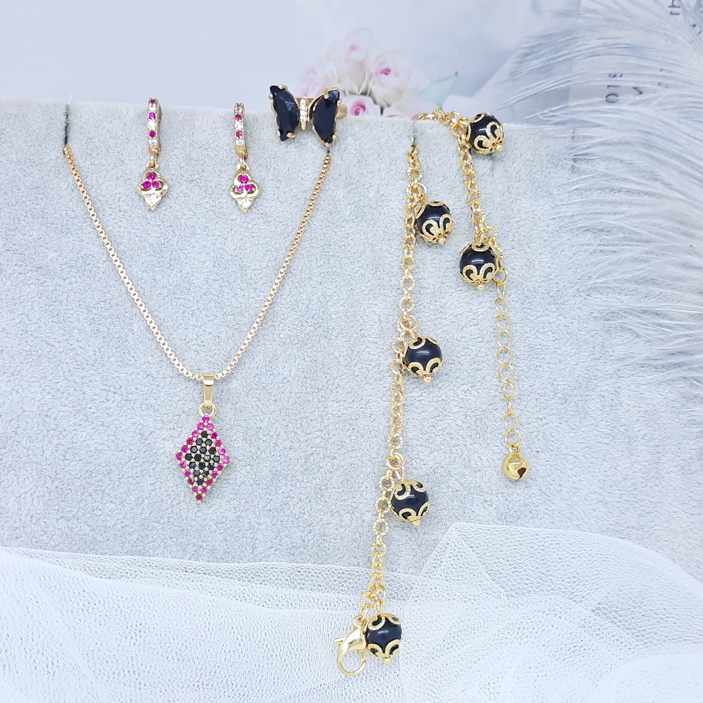 Xuping Set Perhiasan Kalung Anting Gelang Cincin Batu Ungu Hitam Rhodium Lapis Emas - BS039