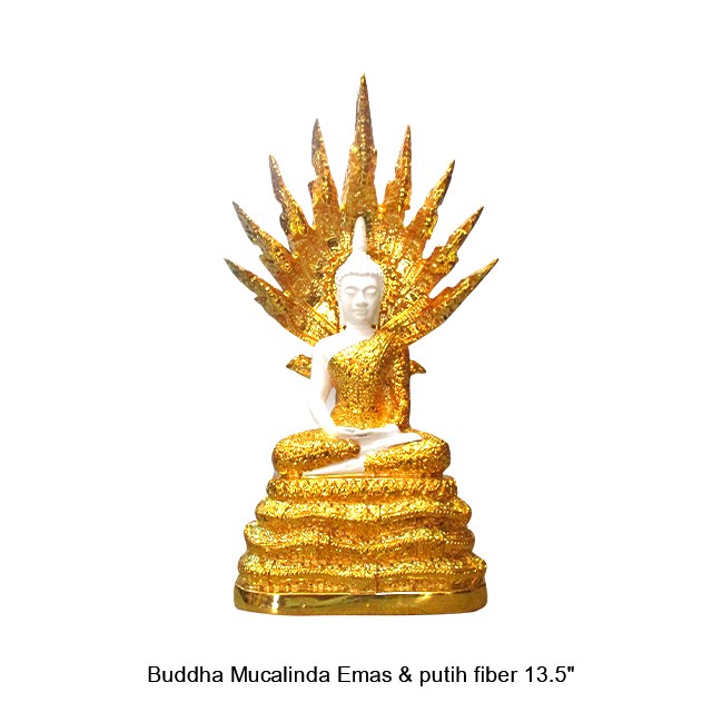 Patung / Rupang Arca Buddha Mucalinda Emas & putih fiber 13,5"