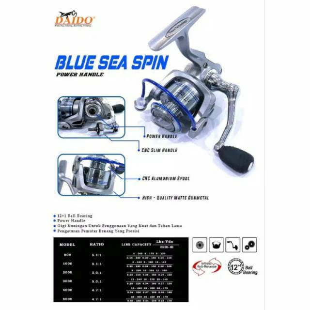 Reel pancing daido blue sea spin 4000 dan 6000 power handle murah laris Semarang
