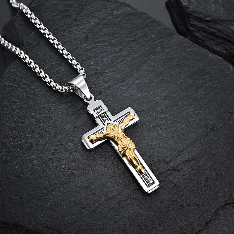 Kalung Rantai Liontin Salib Yesus Bahan Stainless Steel Warna Emas Untuk Pria