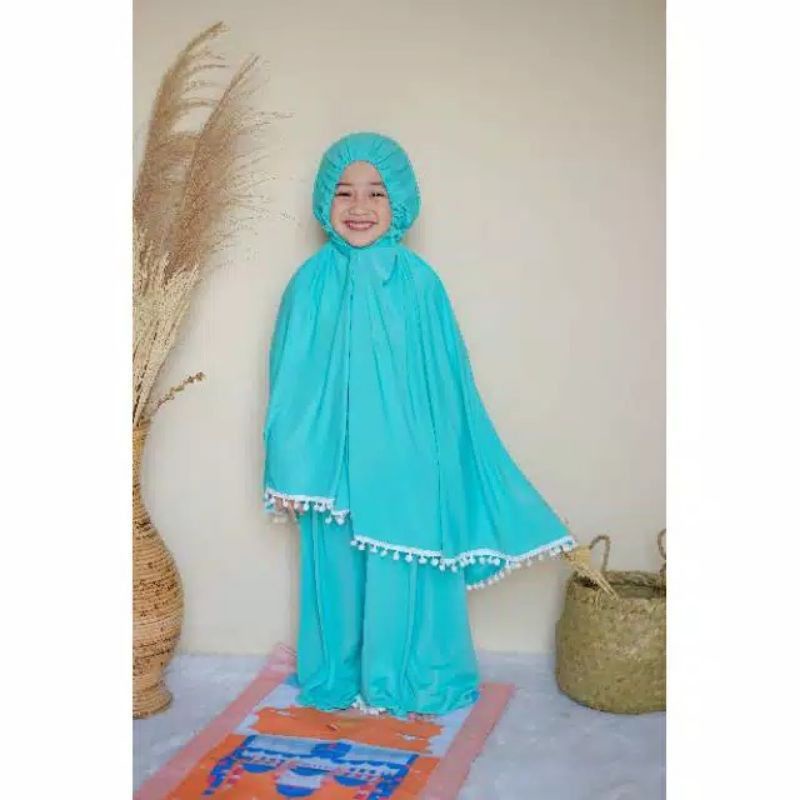 Mukena Anak Perempuan Pom Pom Karet Usia 3- 6 Tahun | Pakaian Jersey Mukenah Tanggung 4-5 Thn |Mungkena Muslim Sd Lucu |Mekena Bayi Tk Bts Premium