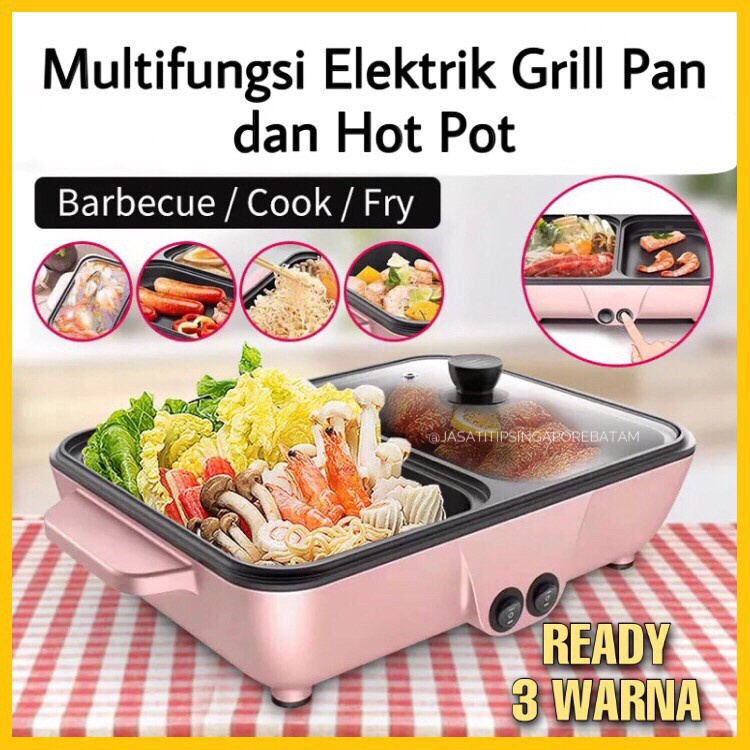 Multifungsi Elektrik Grill Fan Dan Hot Pot 2IN1 Mini Steambot BBQ Shabu-Shabu Multi-Function Set Non Stick Pot Panggangan Cook Fry Tahan Panas