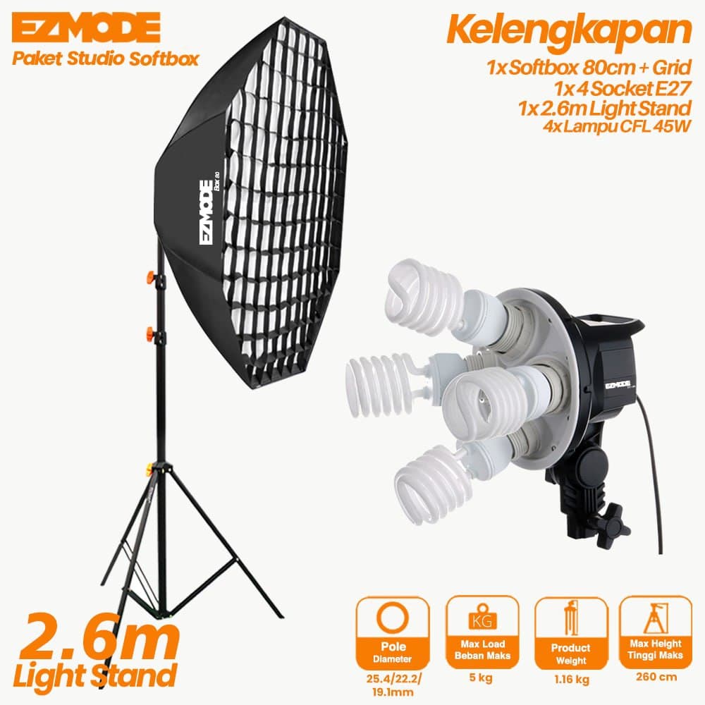 EZMODE 4 Socket Softbox Octagon 80cm with Grid + Light Stand with 4 Lamp