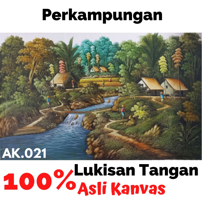 Lukisan Tangan Kanvas Pemandangan Alam Kampung Pajangan Dinding Dekorasi Hiasan Rumah Ukuran Besar