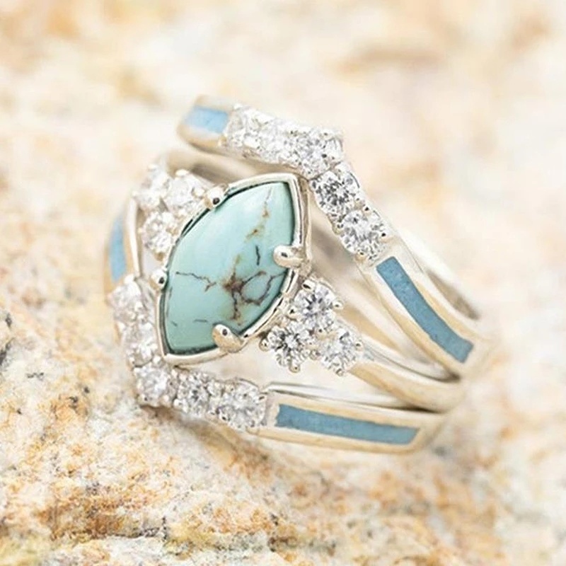 3pcs / Set Cincin Wanita Hias Turquoise Berlian Imitasi Gaya Retro Untuk Pesta Pernikahan / Hadiah