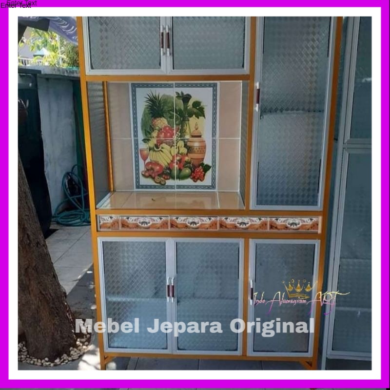 Lemari Rak Dapur Pintu 6 - Rak Piring Warna Emas Bahan Alumunium Kaca