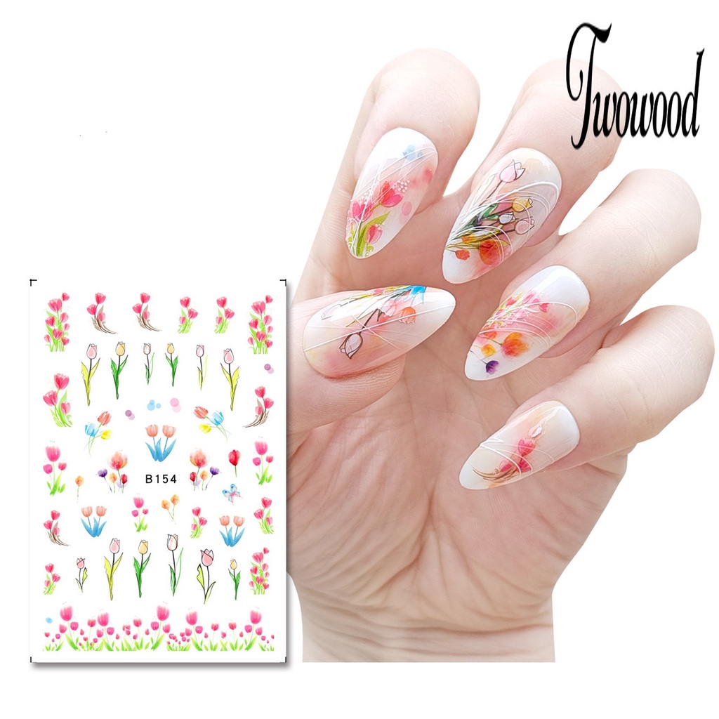 Twowood 1 Set Stiker Kuku Motif Bunga Tulip Bahan Resin Anti Air Untuk Nail Art DIY