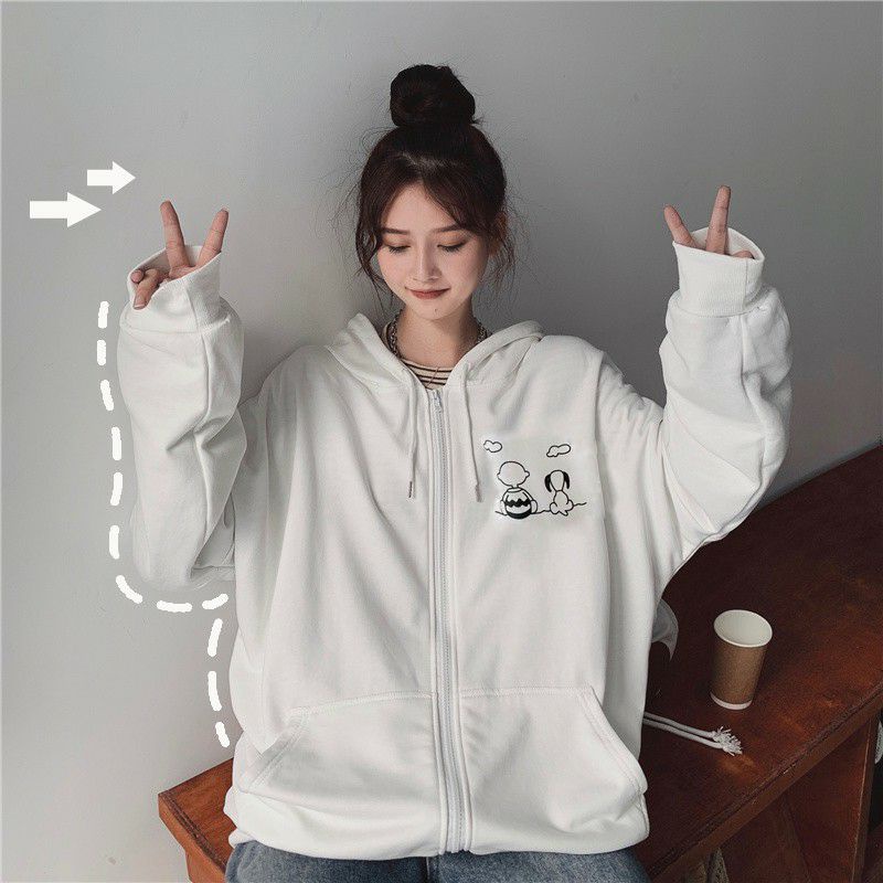 S - XXXXXL(6XL) Zip Hoodie SNOOPY Cute Dog Korean Fashion Pria Wanita BIG SIZE OVERSIZE Jumbo 6XL 5XL 4XL 3XL 2XL XL L M Jaket Resleting Kawaii Harajuku Jaketin aja Hitam Putih