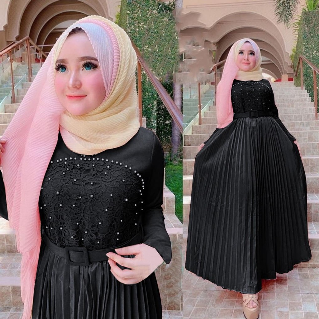 SMARTDN Super Sale gamis sintya hitam baju muslim plisket terbaru bagus murah son ktf