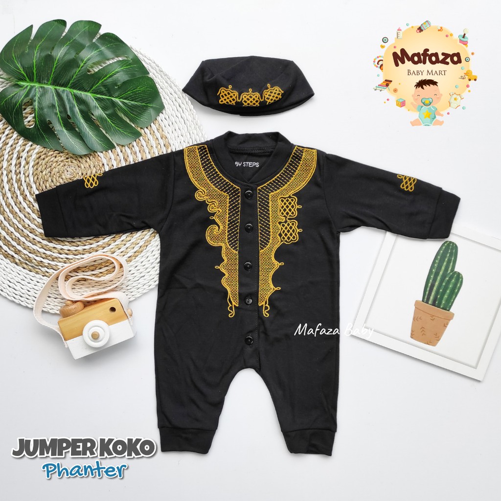 MAFAZABABY Set Jumper Romper Koko Bayi Baju Muslim Anak Bayi Laki-laki Newborn Koko Aqiqah(0-6bulan)-Hitam