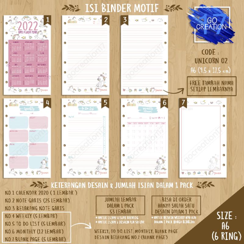 

Buku Planner isi Kertas Binder Motif Unicorn 02 Premium A6 ring 6