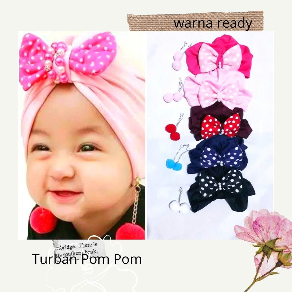 SD - TURBAN BAYI POM POM POLKADOT USIA 0-3 TAHUN HIJAB JILBAB INSTAN BAHAN JERSEY PREMIUM