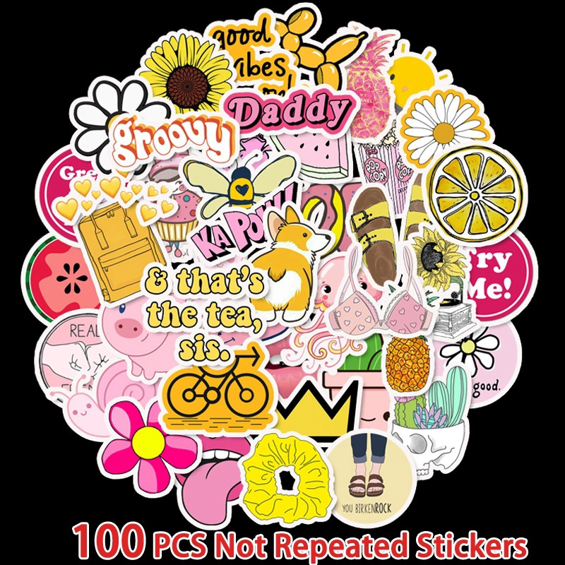 100pcs / set Stiker Decal Motif Campur Anti Air Untuk Dekorasi Kulkas / Skateboard / Laptop