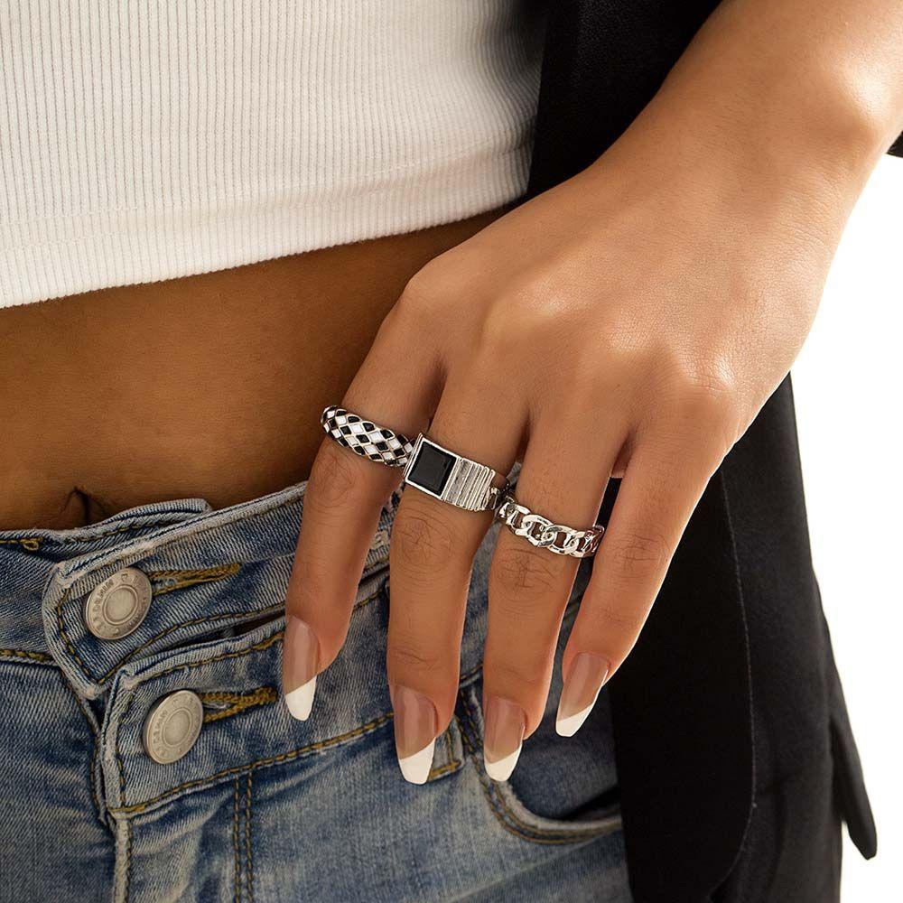 Needway  Set Cincin Geometris Punk Huruf Minoritas Hollow Untuk Unisex Kepribadian Kotak-Kotak Gaya Korea Jari Ring