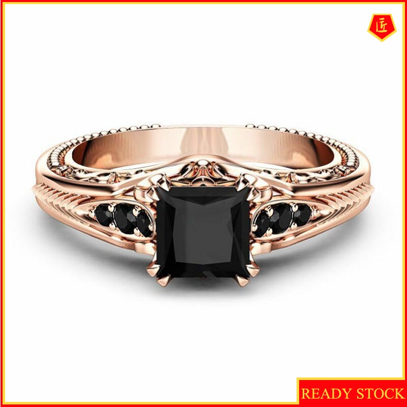 [Ready Stock]18K Rose Gold Square Diamond Ring Luxury Black Graceful and Fashionable