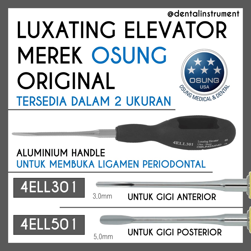 Luxating Elevator Ultra Sharp / Dental Bein Ekstraksi Gigi Merek Osung dengan Alumunium Handle Luxat