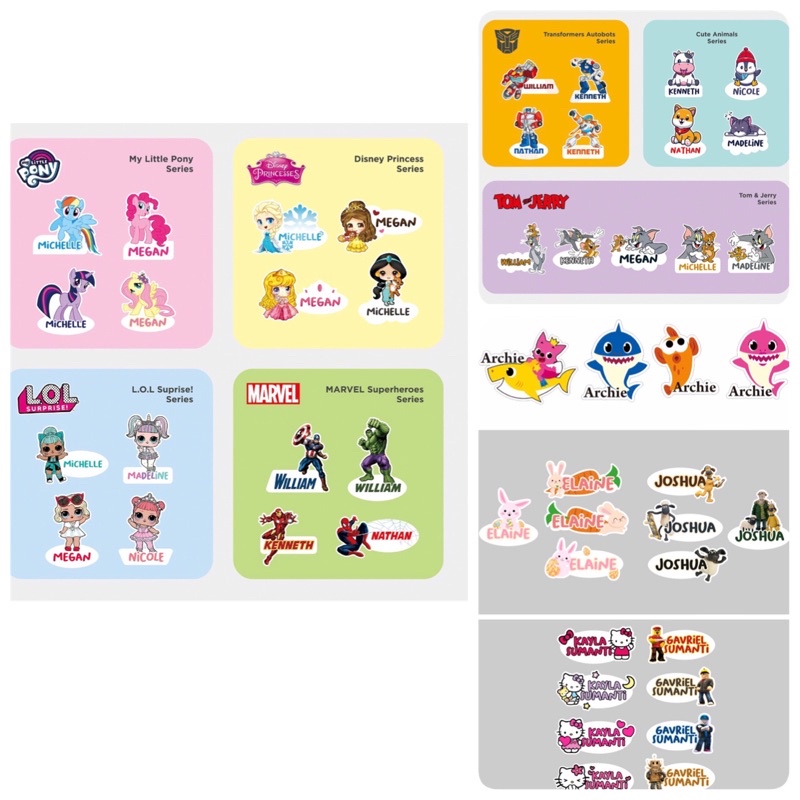 

Stiker nama anak lucu tahan air little pony, princess, LOL ,marvel, robot autobot, animal, tom and jerry, baby shark