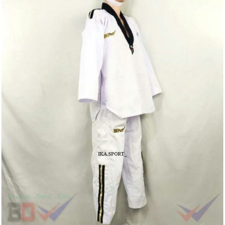 Dobok seragam Taekwondo Baju Kerah Hitam List Gold BOW