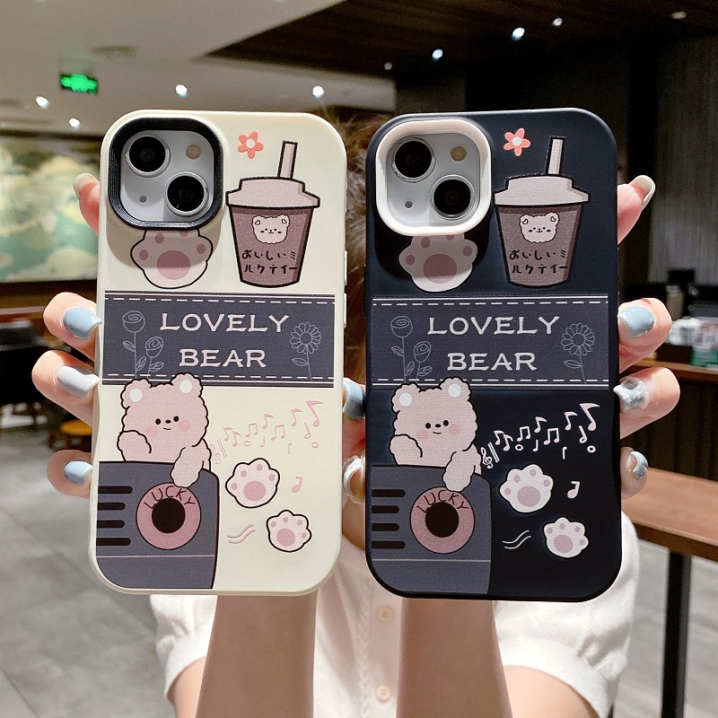 3 in 1 Casing Silikon Motif Milk Tea Bear Untuk iPhone 11 12 13 Pro MAX X XR XS MAX 7 8 Plus