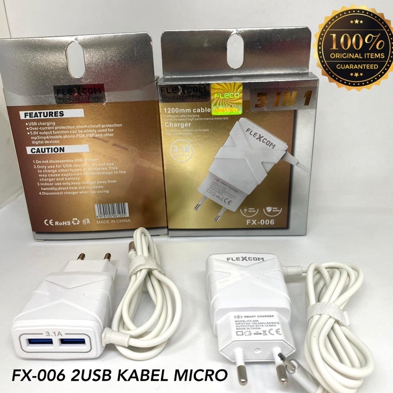 PROMO CHARGER FLEXCOM FX006 2USB PLUS KABEL MICRO ORIGINAL PRODUK SPONSORED BY FLECO