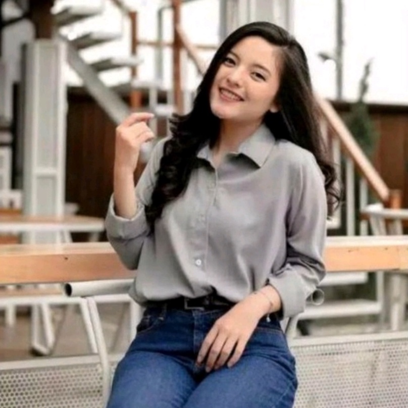 Kemeja wanita Putih Baju Kemeja Wanita Casual Hem Polos Cewek Kerja Kantoran Kuliah Kekinian Terbaru-abu