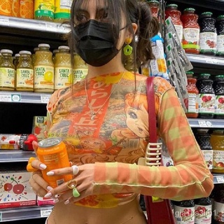 Image of FUFUCAILLM Harajuku T Shirts 90s Girls Sheer Mesh Long Sleeve Crop Top Aesthetic Casual Vintage Tshi
