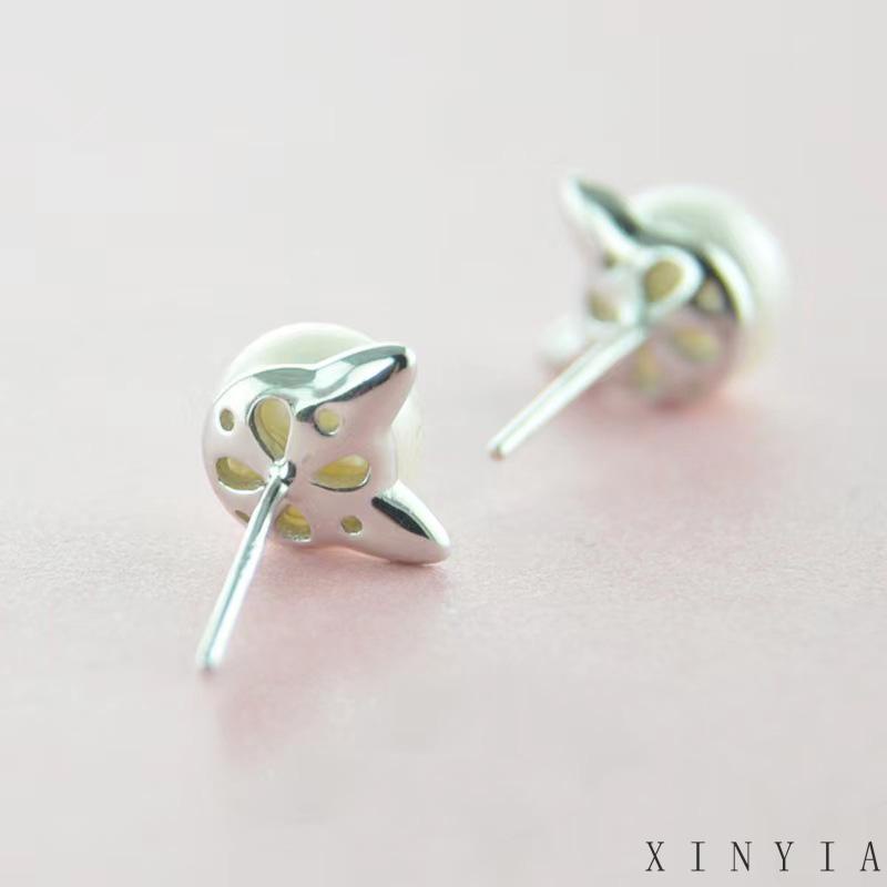 【Bayar di tempat】Anting Stud Desain Telinga Kucing Aksen Mutiara Imitasi Bahan 925 Silver Untuk Wanita