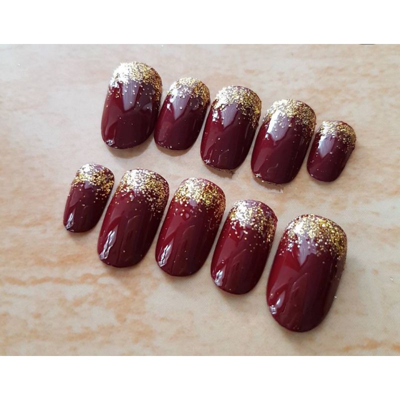 nail art simple maroon gold kuku palsu wedding maroon silver