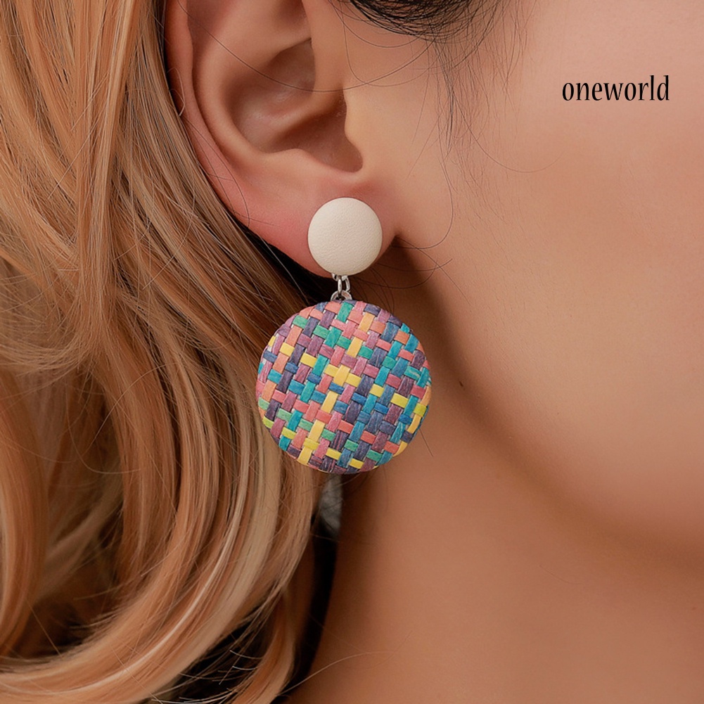 OW@ Boho Women Geometric Round Button Woven Straw Dangle Stud Earrings Jewelry