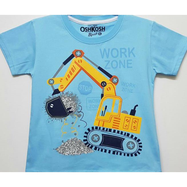 F70C Kaos Anak Size 7-10 Oshkosh Excavator Work Zone Beco Alat Berat Zpxb