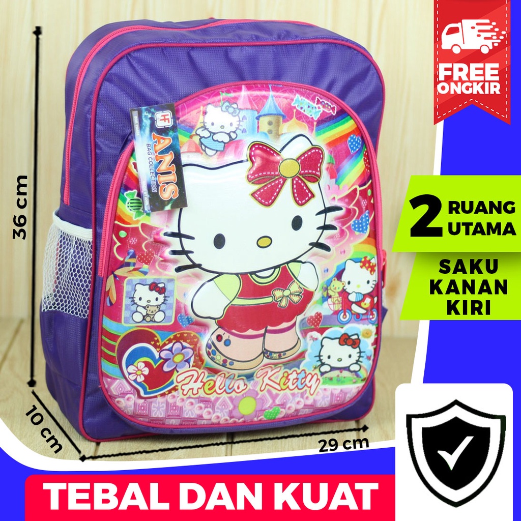 Tas Gendong Anak Motif Hello Kitty Ungu Emboss Ransel Sekolah Cewek SD TK PAUD Pre School Fashion