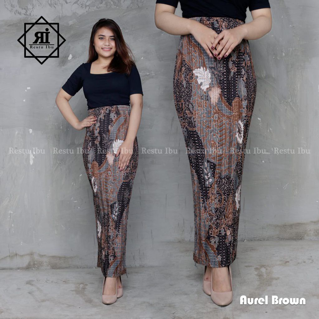 COD Rok Plisket Span Batik Instan Bahan Semi Silk Sutra Premium Bawahan Wanita Kebaya Wisuda Motif Aurel Brown