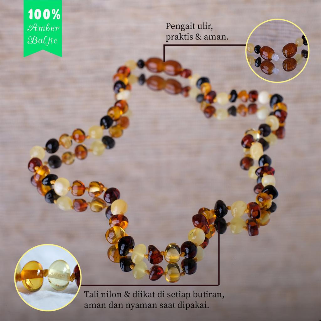 Kalung Amber Baltic Lemon Glossy X Rose Quartz [Resizeable] - 2180