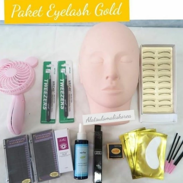 PAKET EYELASH EXTENSION TANAM BULUMATA GOLD DENGAN MANEKIN DAN BULUMATA PALSU LENGKAP