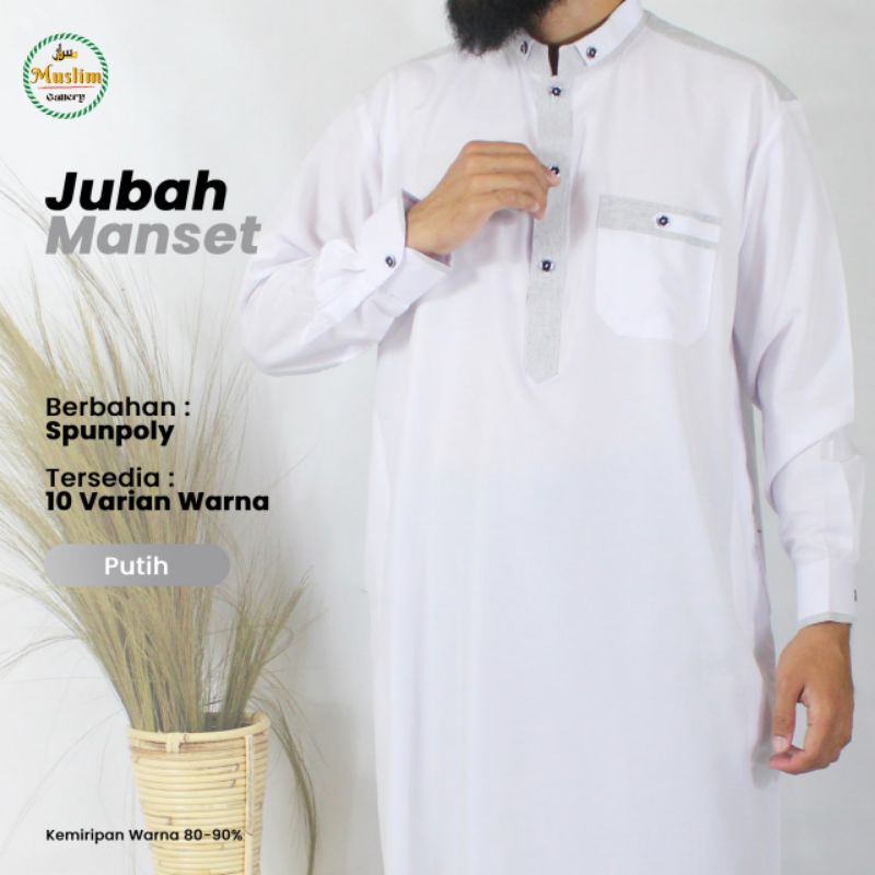 Baju Jubah Gamis Pria Lengan Panjang Model Saudi Bahan Katun Dengan Manset di Lengan-Putih