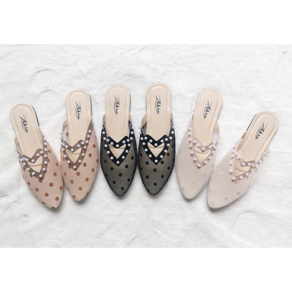 Arlaine - Talia selop wanita / sandal slop wanita / sandal brukat / flatshoes polkadot / sandal mutiara