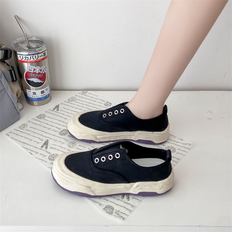 Sneakers Wanita Canvas Putih Slip On Simple Sepatu Kanvas Wanita Import Motif Garis Sol Tebal Kekinian