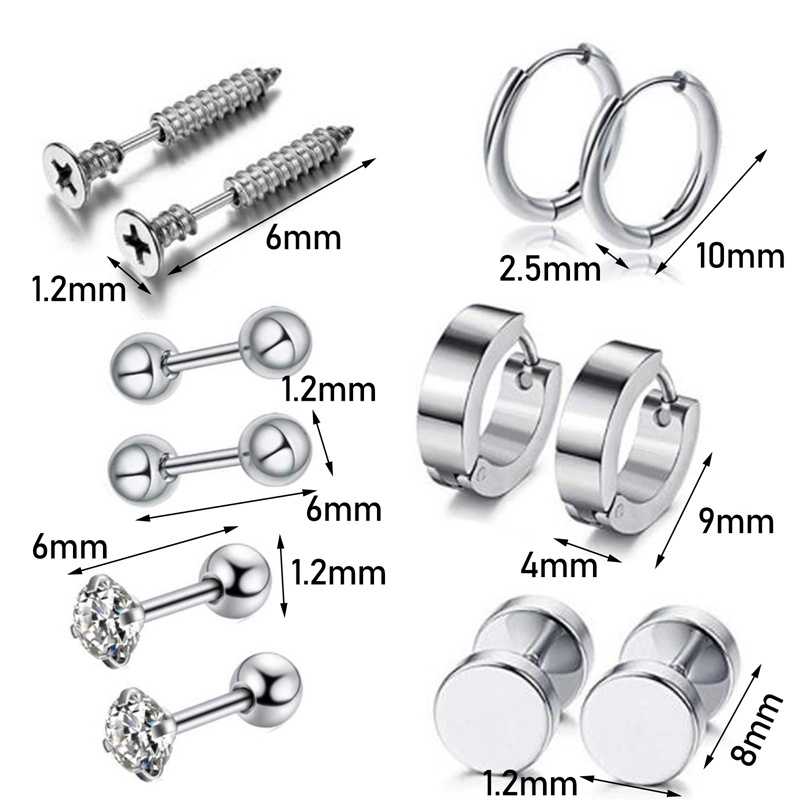 12pcs / Set Anting Tusuk Bentuk Barbel Bahan Stainless Steel Untuk Unisex