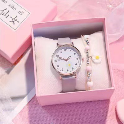 Jam Tangan Wanita Quartz Analog Fashion Gaya Korea Motif Bunga Daisy Import-41-9 Abu-Abu