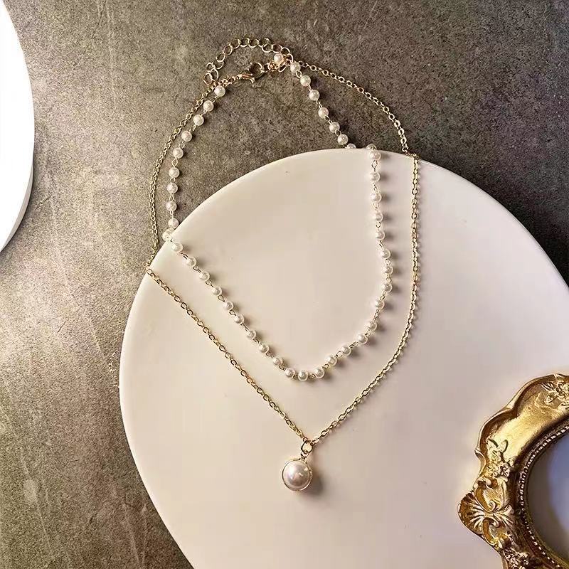 Kalung cahaya mewah minoritas retro ins sederhana double-layer kalung mutiara wanita trendi kalung n